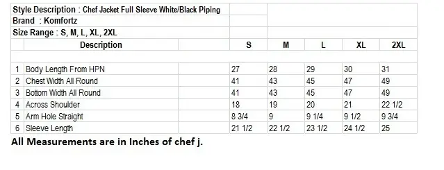 Komfortz Chef Jacket Size Chart 2026.webp
