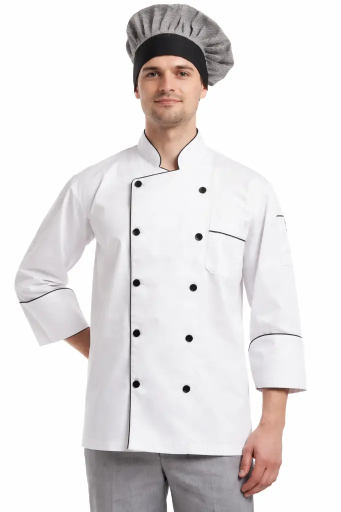 Komfortz Chef Jacket White with Black Pipping.webp